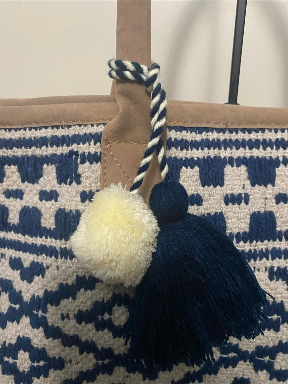 Soft Surroundings Woven Navy & Cream Tote Bag with Tassel Accent